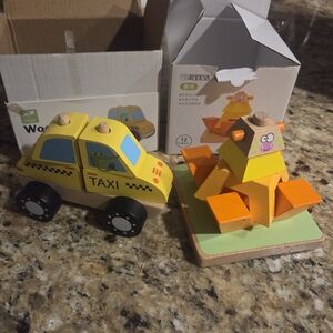 Wooden Yellow Taxi Toy Car & Orange Stacking Pyramid - Kids Toys